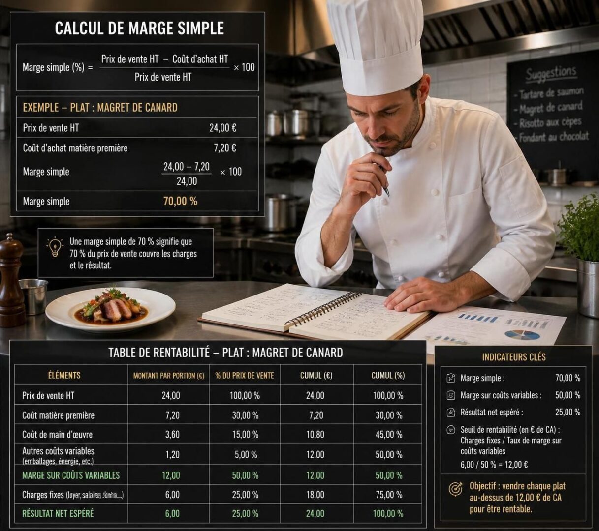Marge: la formule simple pour savoir si ton menu te fait gagner de l’argent 1 découvre une formule simple pour calculer la marge de ton menu et savoir rapidement si ton activité est rentable.